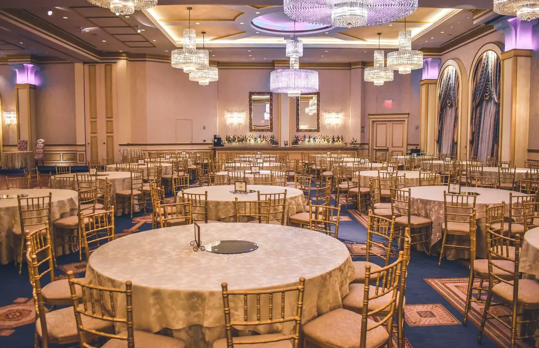 A ballroom set for a banquet event